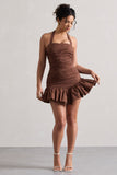 Zahra Chocolate Brown Halter-Neck Ruched Mini Dress With Ruffle Hem