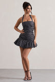 Zahra Black & White Polka Dot Halter-Neck Ruched Mini Dress With Ruffle Hem