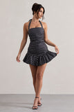 Zahra Black & White Polka Dot Halter-Neck Ruched Mini Dress With Ruffle Hem