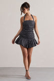Zahra Black & White Polka Dot Halter-Neck Ruched Mini Dress With Ruffle Hem
