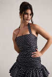Zahra Black & White Polka Dot Halter-Neck Ruched Mini Dress With Ruffle Hem