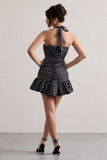 Zahra Black & White Polka Dot Halter-Neck Ruched Mini Dress With Ruffle Hem