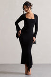 Meliora Black Square-Neck Flute-Sleeve Asymmetric Midi Dress