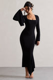 Meliora Black Square-Neck Flute-Sleeve Asymmetric Midi Dress