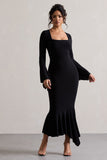 Meliora Black Square-Neck Flute-Sleeve Asymmetric Midi Dress