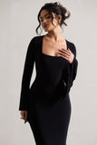 Meliora Black Square-Neck Flute-Sleeve Asymmetric Midi Dress