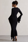 Meliora Black Square-Neck Flute-Sleeve Asymmetric Midi Dress