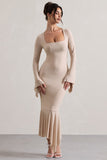 Meliora Champagne Square-Neck Flute-Sleeve Asymmetric Midi Dress