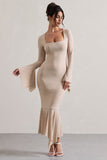 Meliora Champagne Square-Neck Flute-Sleeve Asymmetric Midi Dress