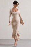 Meliora Champagne Square-Neck Flute-Sleeve Asymmetric Midi Dress