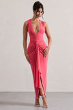 Santana Coral Plunge-Neck Split Maxi Dress With Knot Detail