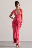 Santana Coral Plunge-Neck Split Maxi Dress With Knot Detail