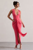 Santana Coral Plunge-Neck Split Maxi Dress With Knot Detail