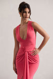 Santana Coral Plunge-Neck Split Maxi Dress With Knot Detail