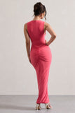 Santana Coral Plunge-Neck Split Maxi Dress With Knot Detail