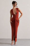 Santana Terracotta Plunge-Neck Split Maxi Dress With Knot Detail