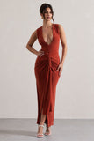 Santana Terracotta Plunge-Neck Split Maxi Dress With Knot Detail