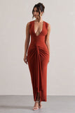 Santana Terracotta Plunge-Neck Split Maxi Dress With Knot Detail