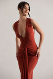 Santana Terracotta Plunge-Neck Split Maxi Dress With Knot Detail
