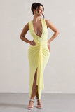 Santana Lemon Plunge-Neck Split Maxi Dress With Knot Detail