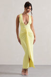 Santana Lemon Plunge-Neck Split Maxi Dress With Knot Detail