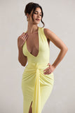 Santana Lemon Plunge-Neck Split Maxi Dress With Knot Detail