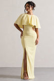 Isadora Pastel Yellow Cut-Out Split Maxi Dress With Cape