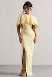 Isadora Pastel Yellow Cut-Out Split Maxi Dress With Cape
