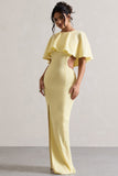 Isadora Pastel Yellow Cut-Out Split Maxi Dress With Cape