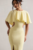 Isadora Pastel Yellow Cut-Out Split Maxi Dress With Cape