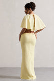 Isadora Pastel Yellow Cut-Out Split Maxi Dress With Cape