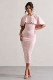 Amelie Pastel Pink Sequin Midi Dress With Cape