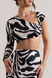Agalia Zebra Print Ruched Asymmetric One-Sleeve Crop Top