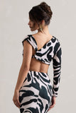 Agalia Zebra Print Ruched Asymmetric One-Sleeve Crop Top