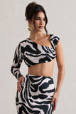 Agalia Zebra Print Ruched Asymmetric One-Sleeve Crop Top