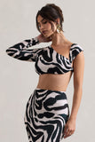 Agalia Zebra Print Ruched Asymmetric One-Sleeve Crop Top