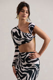Agalia Zebra Print Ruched Asymmetric One-Sleeve Crop Top