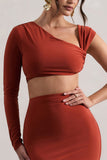 Agalia Terracotta Ruched Asymmetric One-Sleeve Crop Top