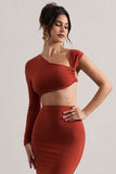 Agalia Terracotta Ruched Asymmetric One-Sleeve Crop Top