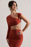 Agalia Terracotta Ruched Asymmetric One-Sleeve Crop Top