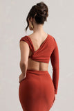 Agalia Terracotta Ruched Asymmetric One-Sleeve Crop Top
