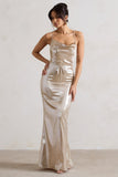 All In Time Champagne Metallic Cowl-Neck Maxi Dress With Cross Back Detail