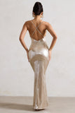 All In Time Champagne Metallic Cowl-Neck Maxi Dress With Cross Back Detail
