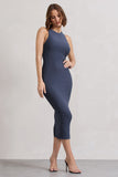 Lilah Vintage Blue Bodycon Sleeveless Midi Dress