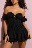 Rowena Black Broderie Bardot Ruffled Playsuit