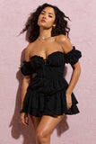 Rowena Black Broderie Bardot Ruffled Playsuit