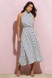 Winona White Polka Dot High-Neck Split Midi Dress With Bow