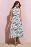 Winona White Polka Dot High-Neck Split Midi Dress With Bow
