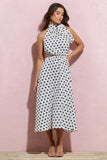 Winona White Polka Dot High-Neck Split Midi Dress With Bow