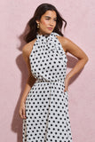 Winona White Polka Dot High-Neck Split Midi Dress With Bow